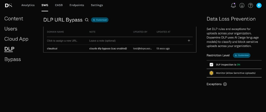 DLP URL Bypass table in the DLP policy tab